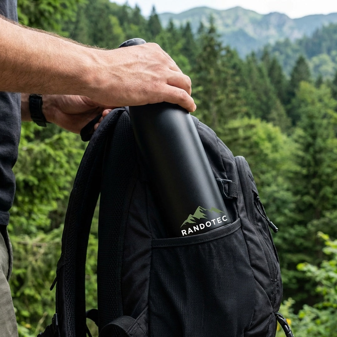 RandoTec – Bouteille Thermos Inox 1L Isotherme Bouchon Métal – Randonnée Camping - Noir